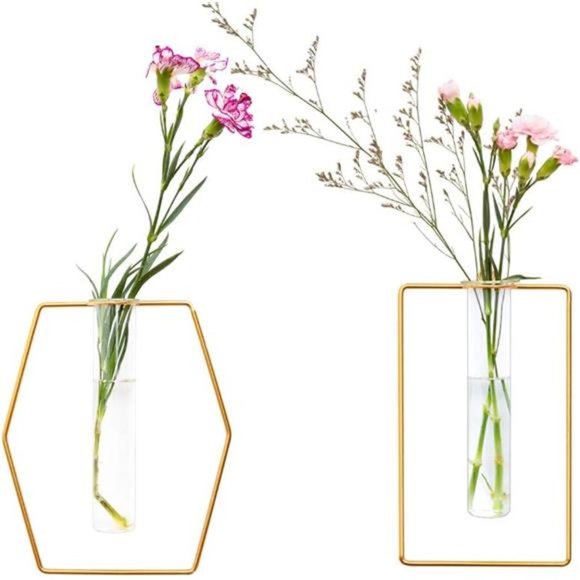 Pack of 2 Wall-Mounted Hydroponic Planter, Glass Containers w/ Gold Metal Frames - Picture 1 of 6